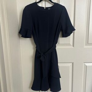 DKNY Navy Blue Ruffle Sleeve Faux Wrap Fit & Flare Dress - Size 8
